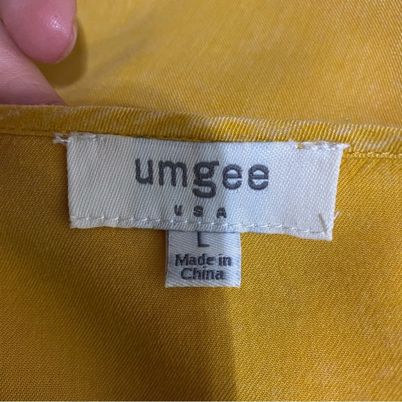 Umgee Mustard Yellow Ruffle, Pom Trim Edge Cold Shoulder Blouse - Picture 5 of 6